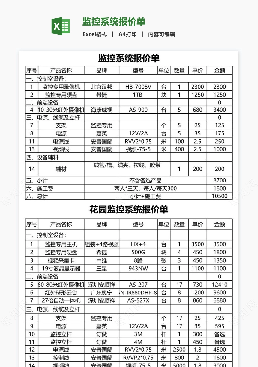 监控系统报价单