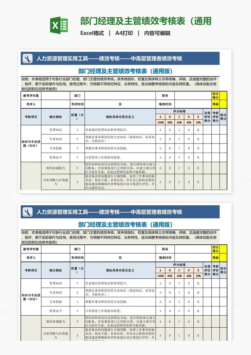 部门经理及主管绩效考核表（通用）