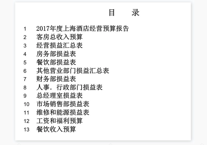 酒店预算财务报表