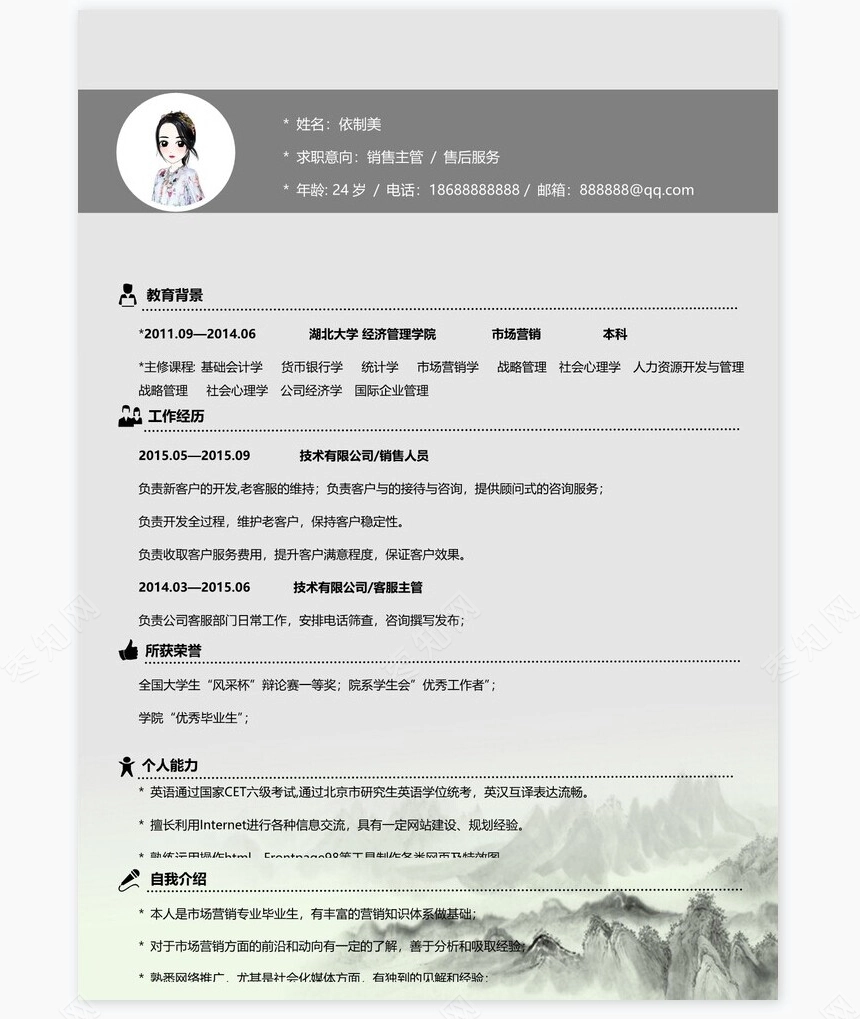 销售主管中国风个人简历Word模板