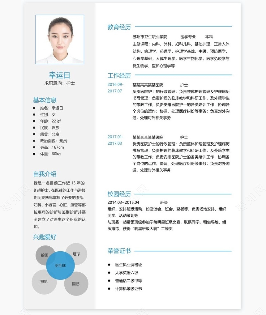 护士类个人简历word模板共4页(19)